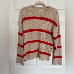 Marled Beige Sweater with Red Stripe Accents
